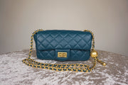 WLH-0702 Teal Leather Handbag with Golden Ball Chain