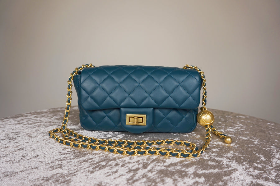 WLH-0702 Teal Leather Handbag with Golden Ball Chain