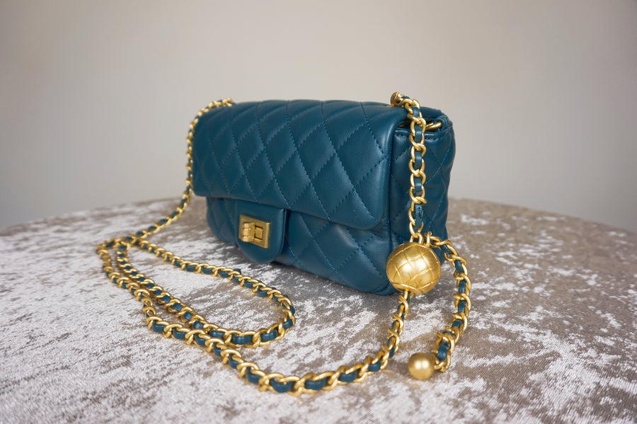 WLH-0702 Teal Leather Handbag with Golden Ball Chain