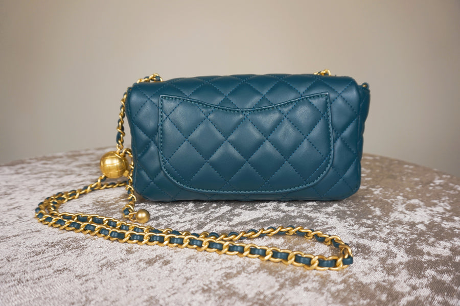 WLH-0702 Teal Leather Handbag with Golden Ball Chain