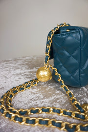 WLH-0702 Teal Leather Handbag with Golden Ball Chain