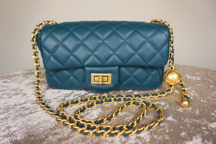 WLH-0702 Teal Leather Handbag with Golden Ball Chain