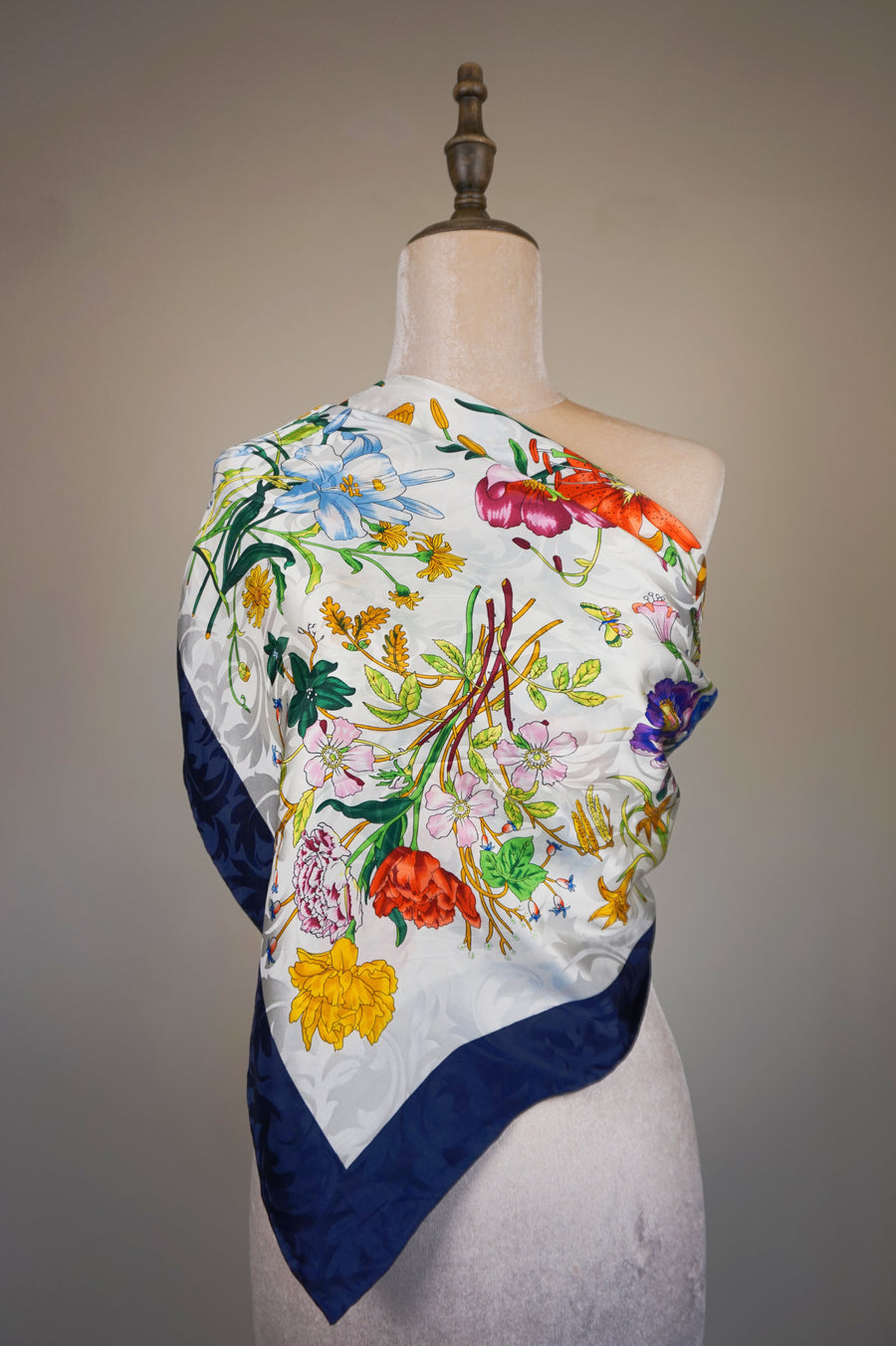 WSS-5805 Navy Blue Flower Feast Silk Scarf