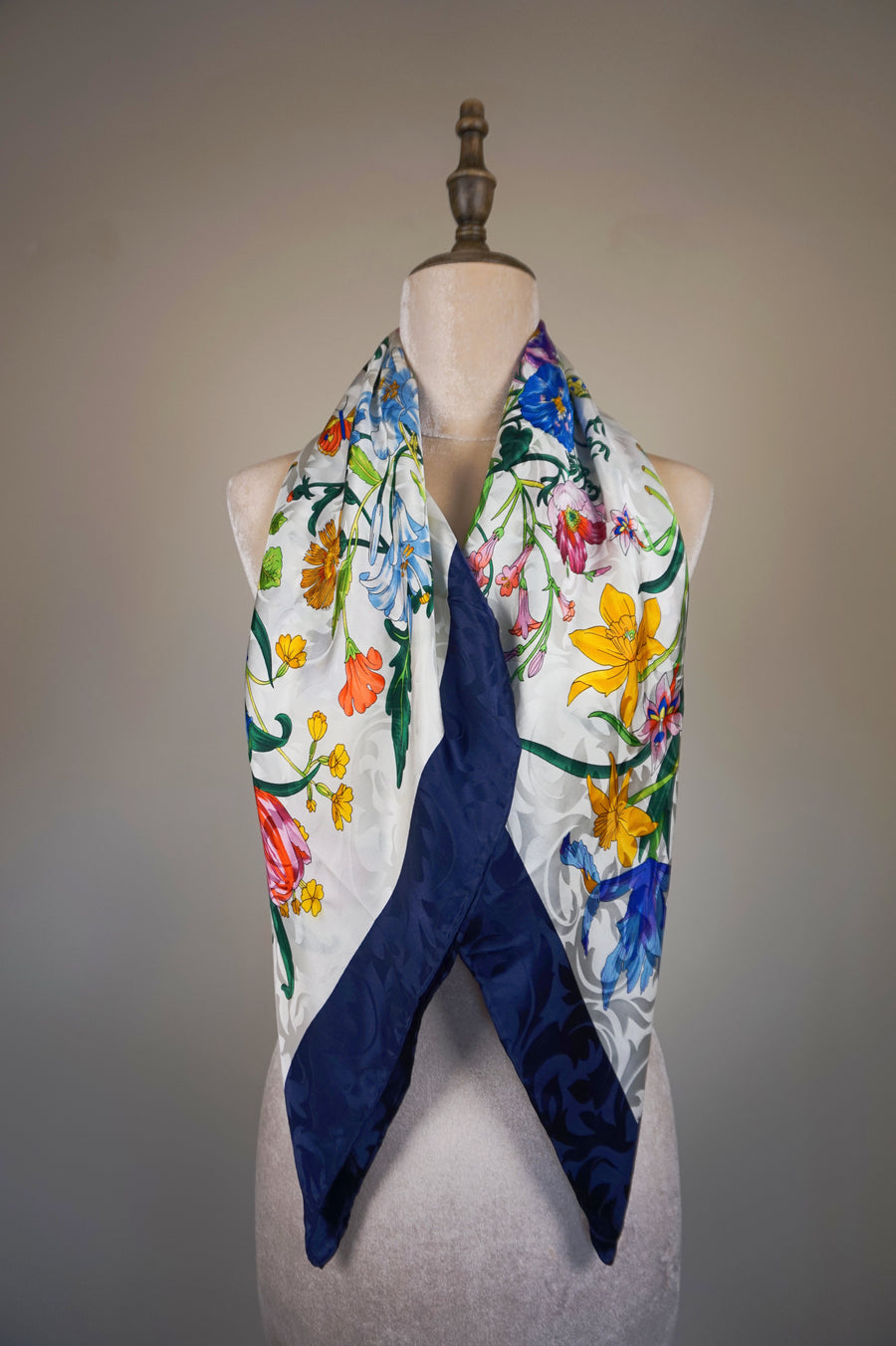 WSS-5805 Navy Blue Flower Feast Silk Scarf