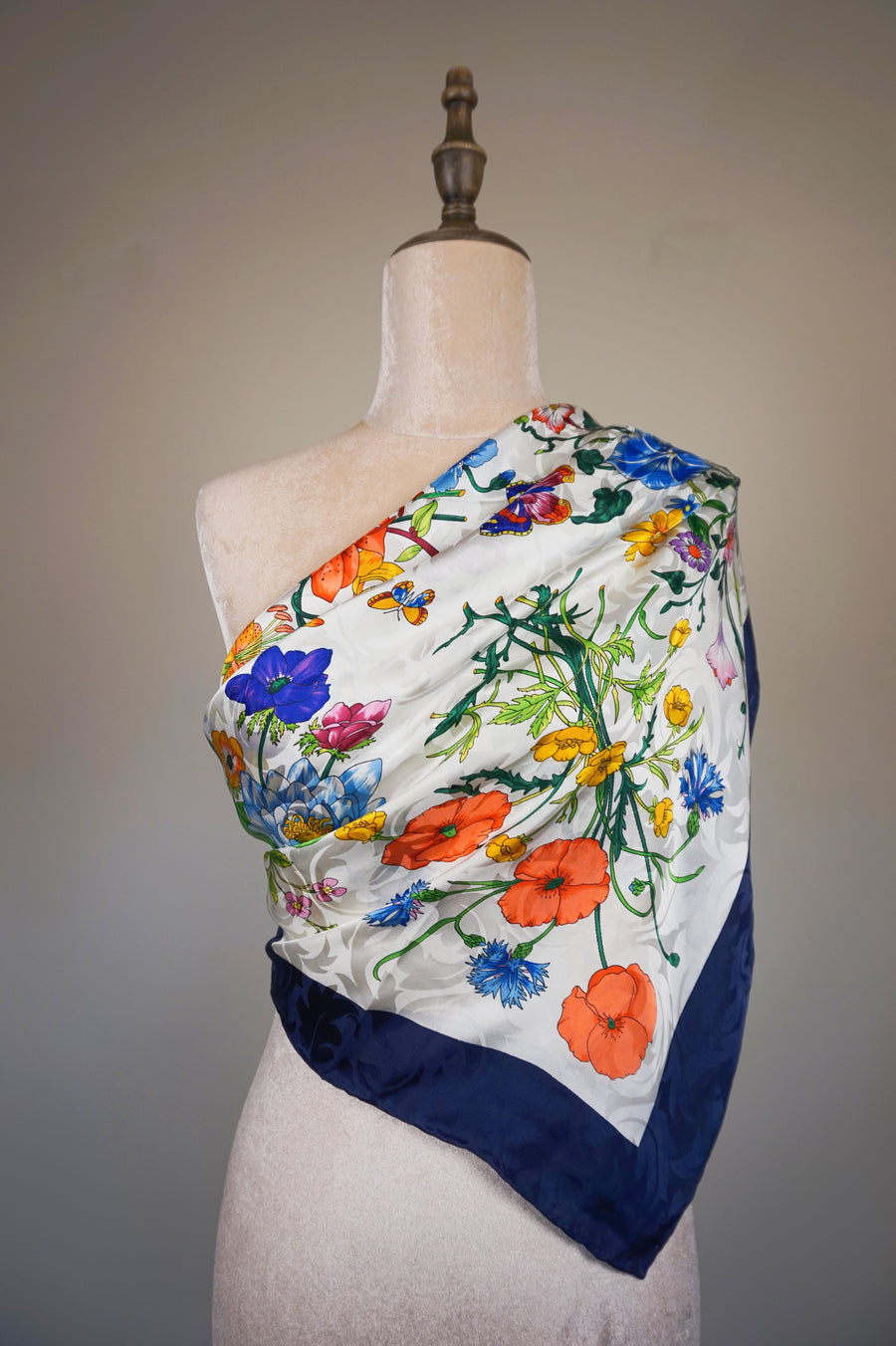 WSS-5805 Navy Blue Flower Feast Silk Scarf