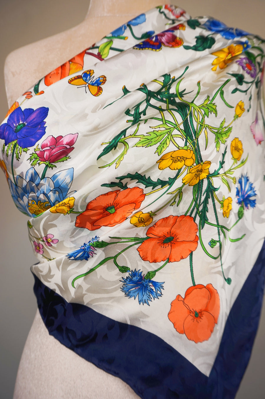 WSS-5805 Navy Blue Flower Feast Silk Scarf