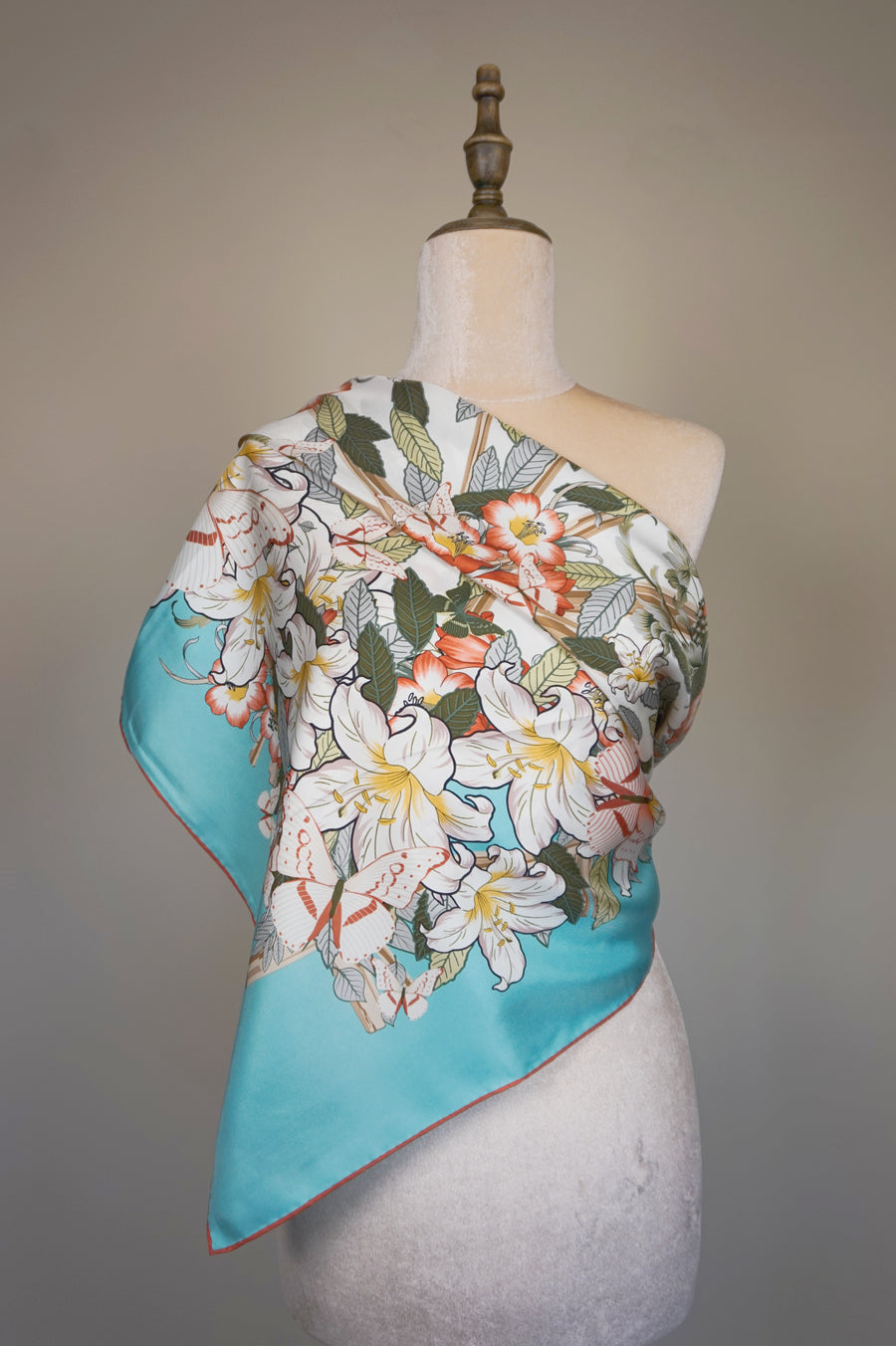 WSS-5811 Aqua Flower Feast Elegant Style Silk Scarf ( Queen's Favorite )