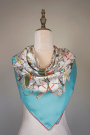WSS-5811 Aqua Flower Feast Elegant Style Silk Scarf ( Queen's Favorite )