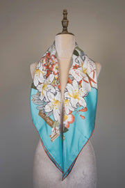 WSS-5811 Aqua Flower Feast Elegant Style Silk Scarf ( Queen's Favorite )