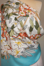 WSS-5811 Aqua Flower Feast Elegant Style Silk Scarf ( Queen's Favorite )