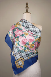WSS-5822 Blue French Roses Elegant Style Silk Scarf ( Queen's Favorite )