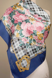 WSS-5822 Blue French Roses Elegant Style Silk Scarf ( Queen's Favorite )