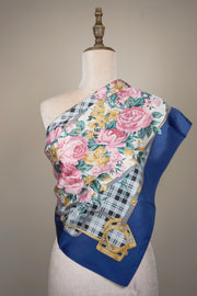 WSS-5822 Blue French Roses Elegant Style Silk Scarf ( Queen's Favorite )
