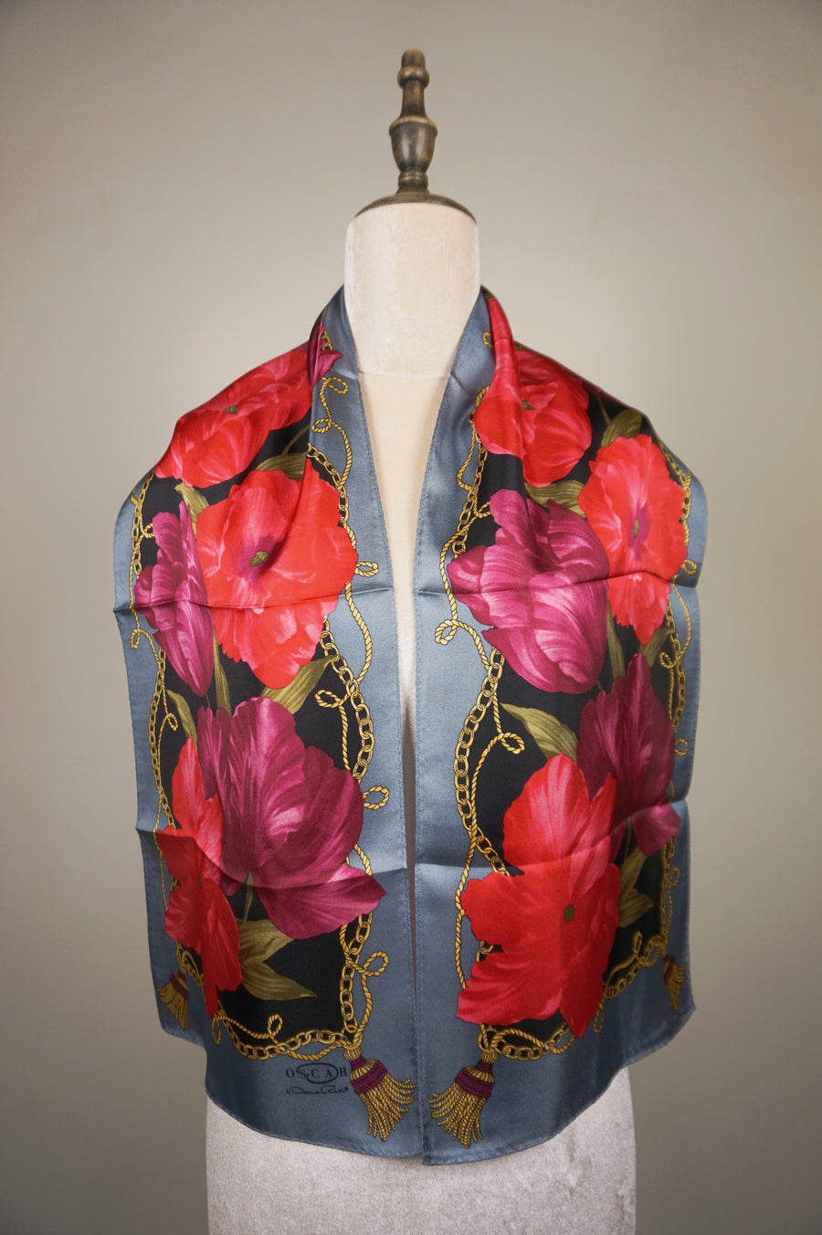 WSS-5840 Gray Flower Feast Silk Scarf ( long size )