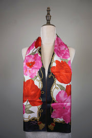 WSS-5842 Black Flower Feast Silk Scarf ( long size )