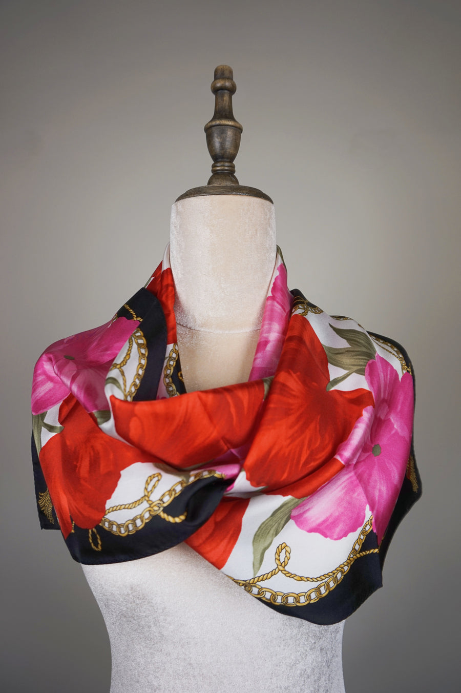 WSS-5842 Black Flower Feast Silk Scarf ( long size )
