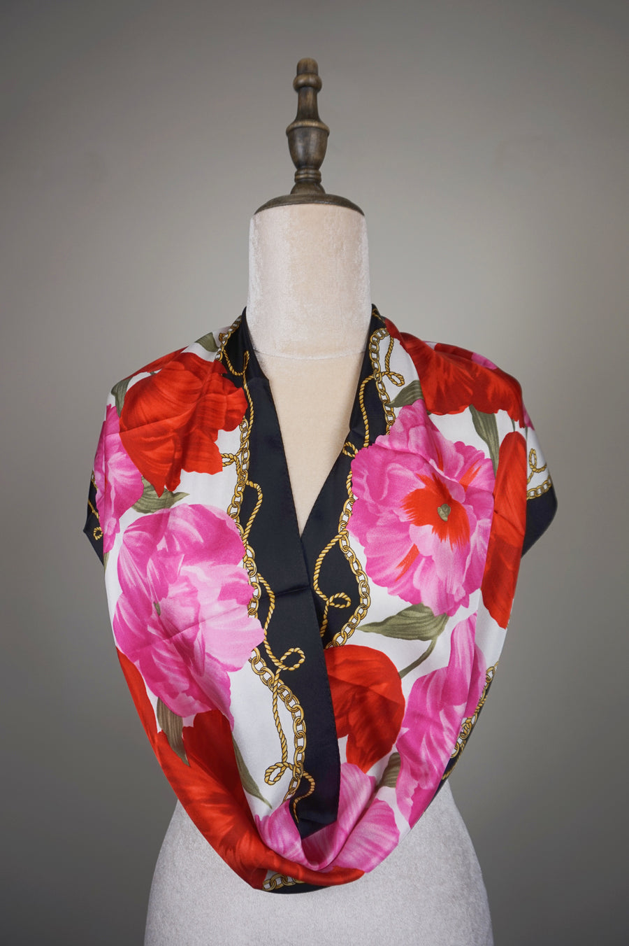 WSS-5842 Black Flower Feast Silk Scarf ( long size )