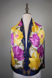WSS-5843 Dark Blue Flower Feast Silk Scarf ( long size )