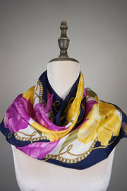 WSS-5843 Dark Blue Flower Feast Silk Scarf ( long size )