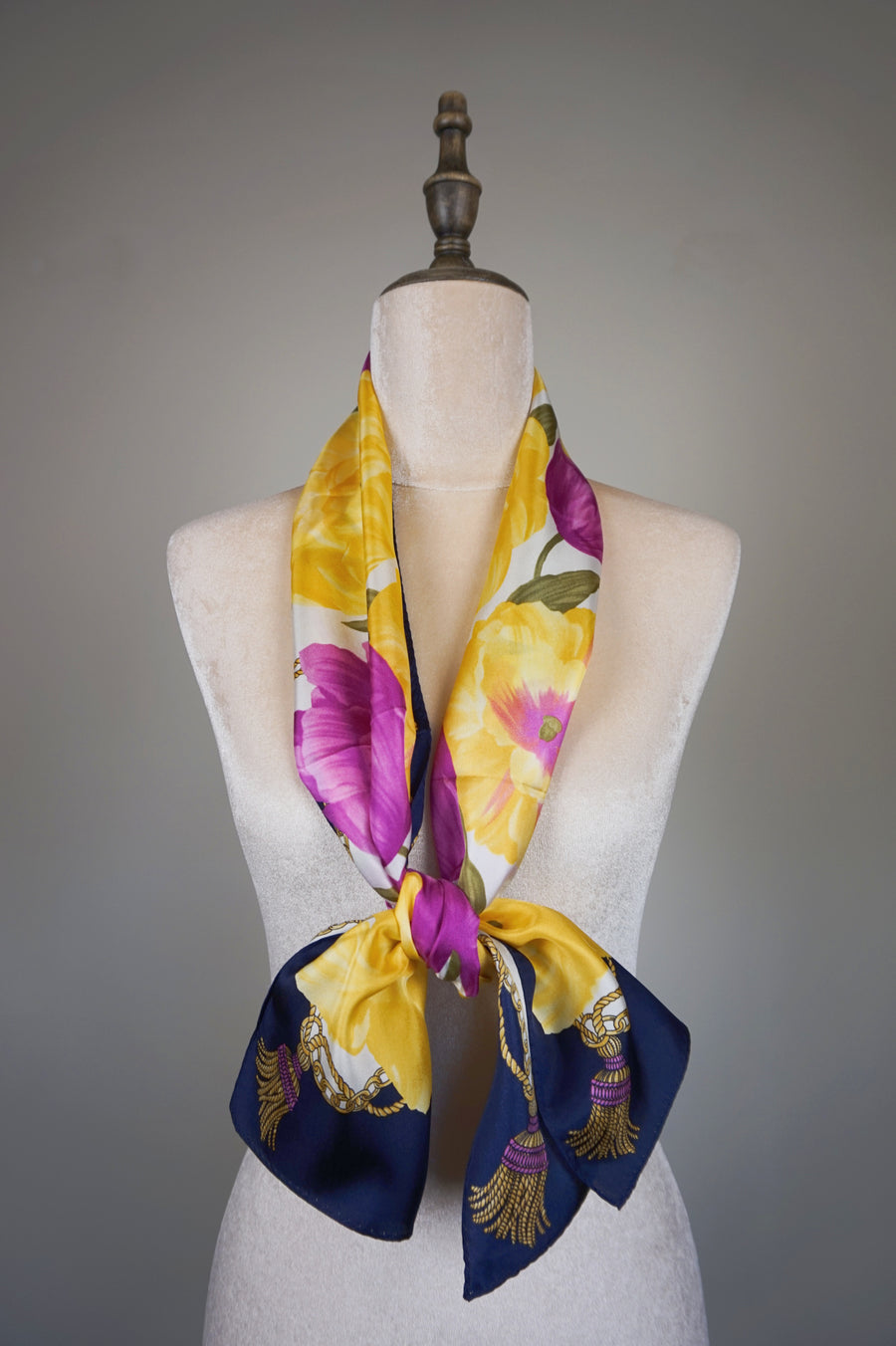 WSS-5843 Dark Blue Flower Feast Silk Scarf ( long size )