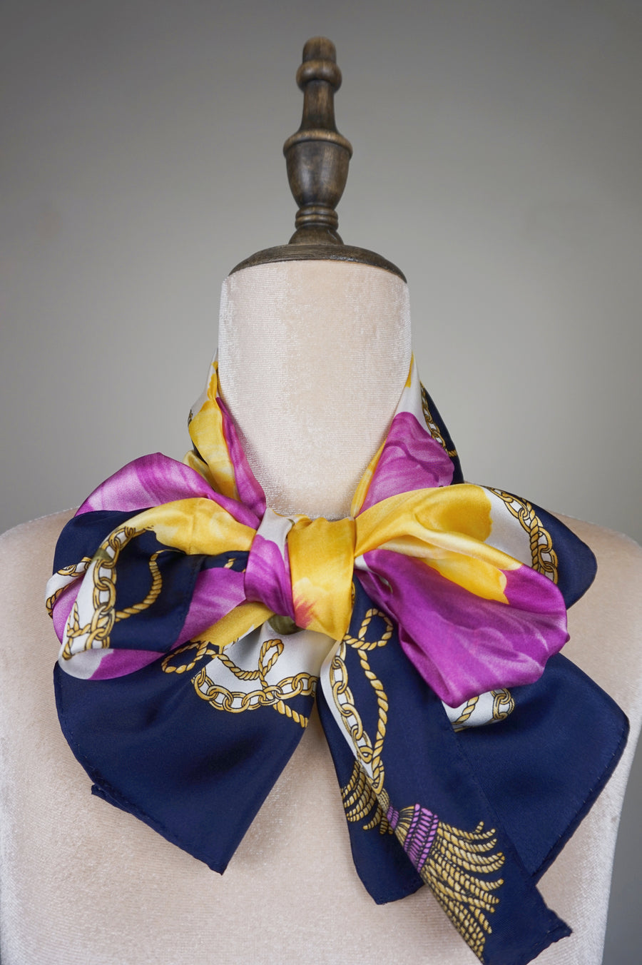WSS-5843 Dark Blue Flower Feast Silk Scarf ( long size )