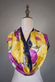 WSS-5843 Dark Blue Flower Feast Silk Scarf ( long size )