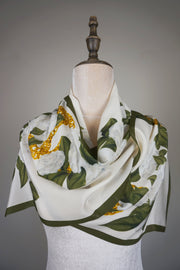 WSS-5844 White Camellia Elegant Style Silk Scarf ( long size )