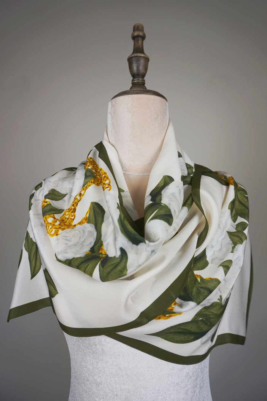 WSS-5844 White Camellia Elegant Style Silk Scarf ( long size )