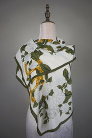 WSS-5844 White Camellia Elegant Style Silk Scarf ( long size )