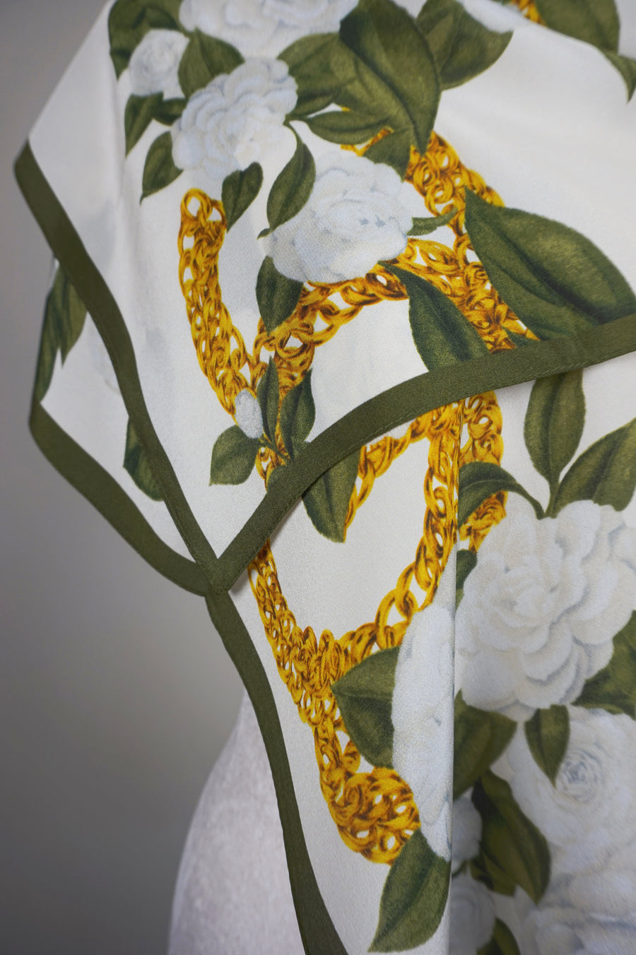 WSS-5844 White Camellia Elegant Style Silk Scarf ( long size )