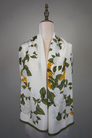 WSS-5844 White Camellia Elegant Style Silk Scarf ( long size )
