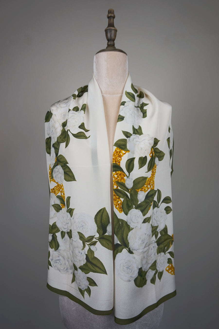 WSS-5844 White Camellia Elegant Style Silk Scarf ( long size )