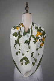 WSS-5844 White Camellia Elegant Style Silk Scarf ( long size )