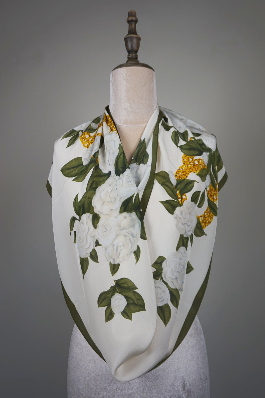 WSS-5844 White Camellia Elegant Style Silk Scarf ( long size )