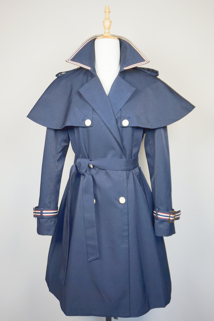 WTC-0766 Navy Blue French Style Cape Trench Coat
