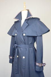 WTC-0766 Navy Blue French Style Cape Trench Coat