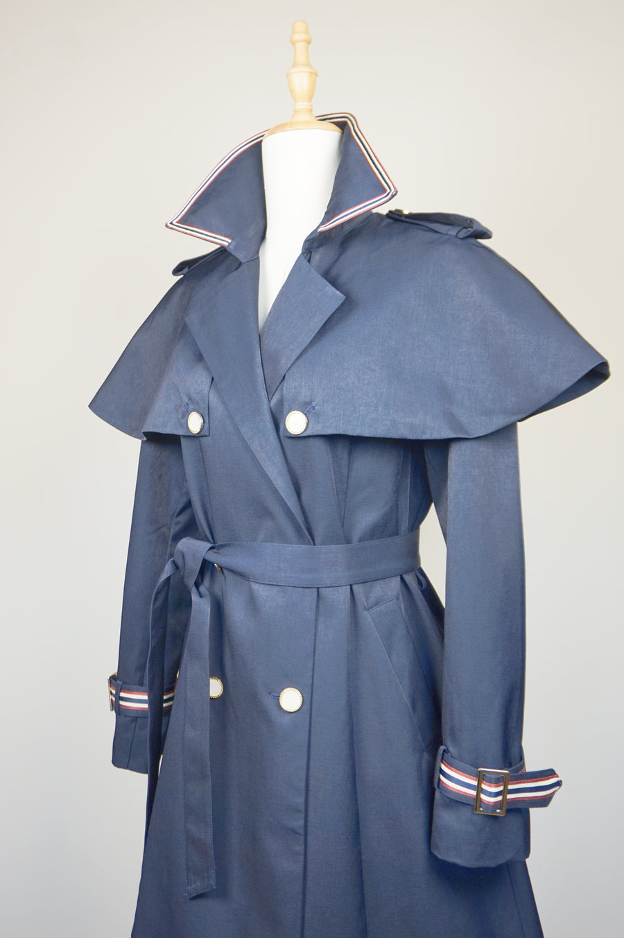 WTC-0766 Navy Blue French Style Cape Trench Coat