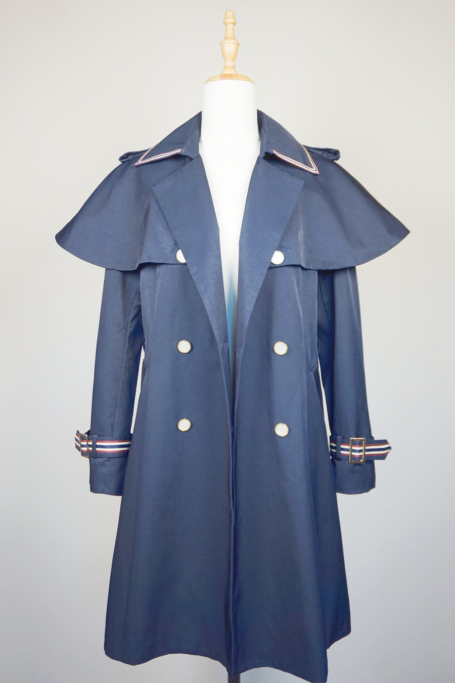 WTC-0766 Navy Blue French Style Cape Trench Coat