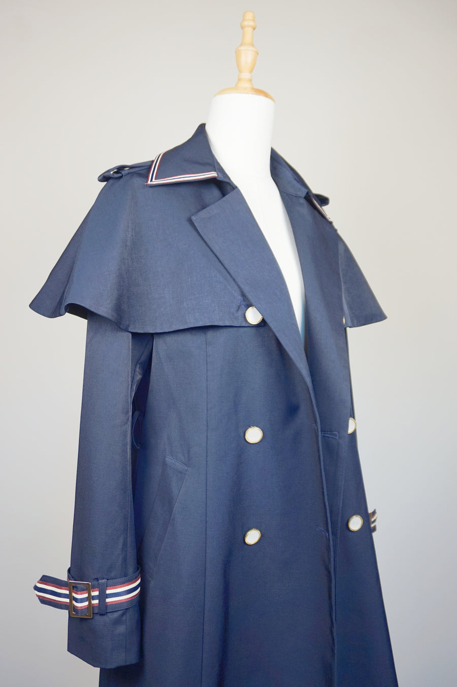 WTC-0766 Navy Blue French Style Cape Trench Coat