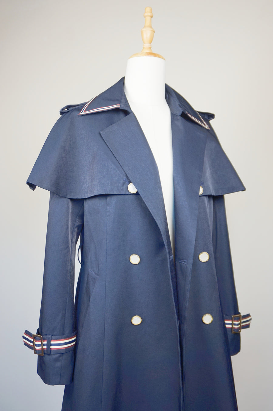 WTC-0766 Navy Blue French Style Cape Trench Coat