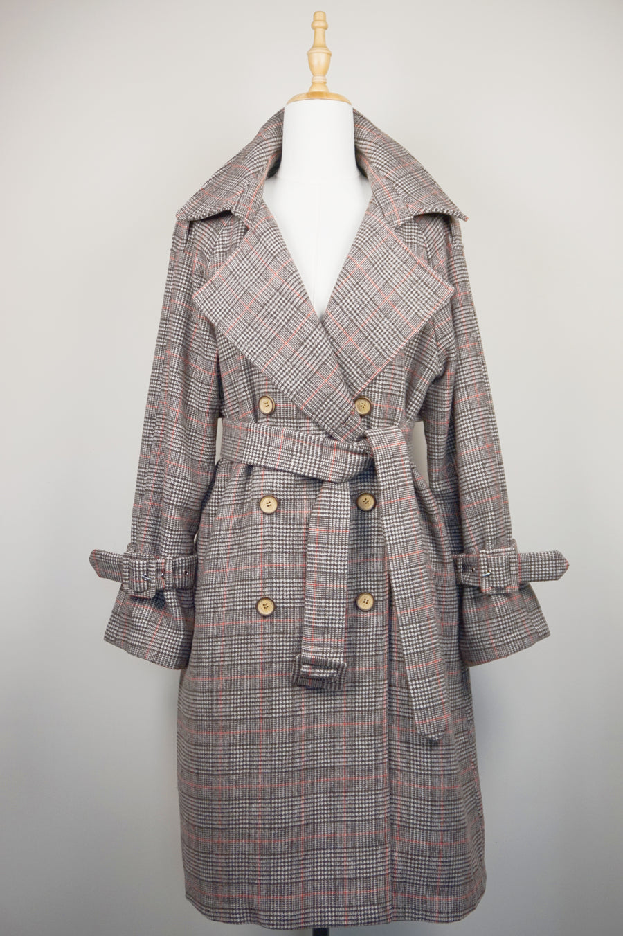 WTC-1605 Check Pattern Casual Style Wool Trench Coat