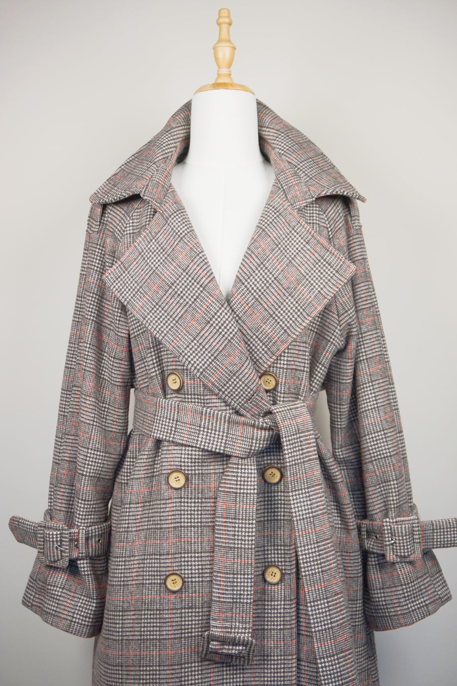WTC-1605 Check Pattern Casual Style Wool Trench Coat