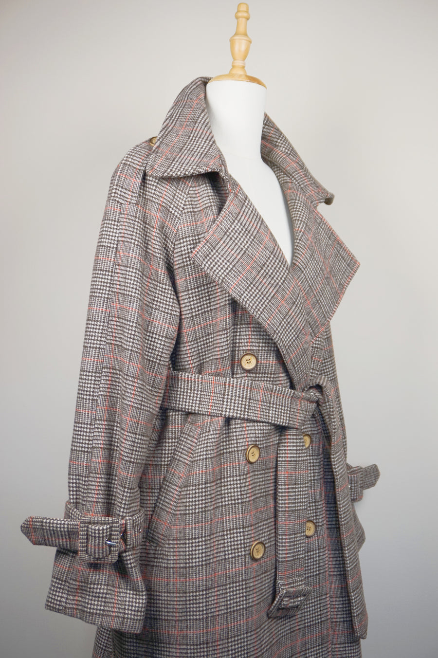 WTC-1605 Check Pattern Casual Style Wool Trench Coat