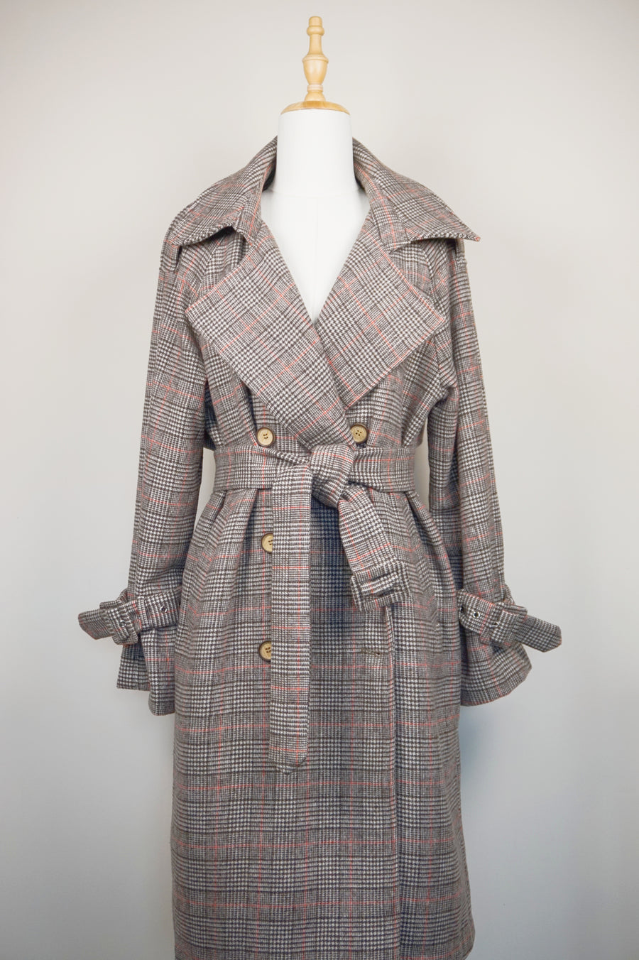 WTC-1605 Check Pattern Casual Style Wool Trench Coat