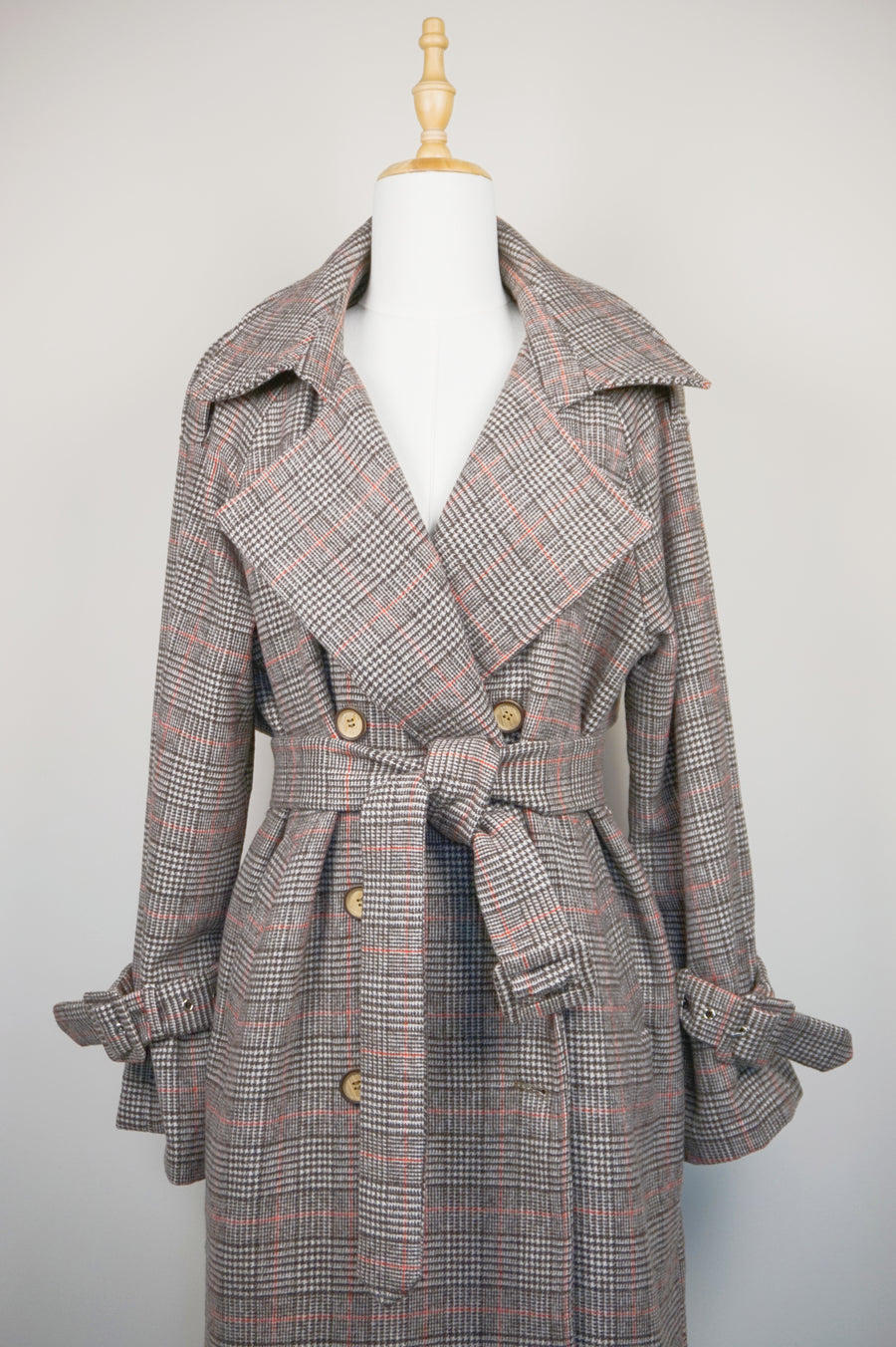 WTC-1605 Check Pattern Casual Style Wool Trench Coat