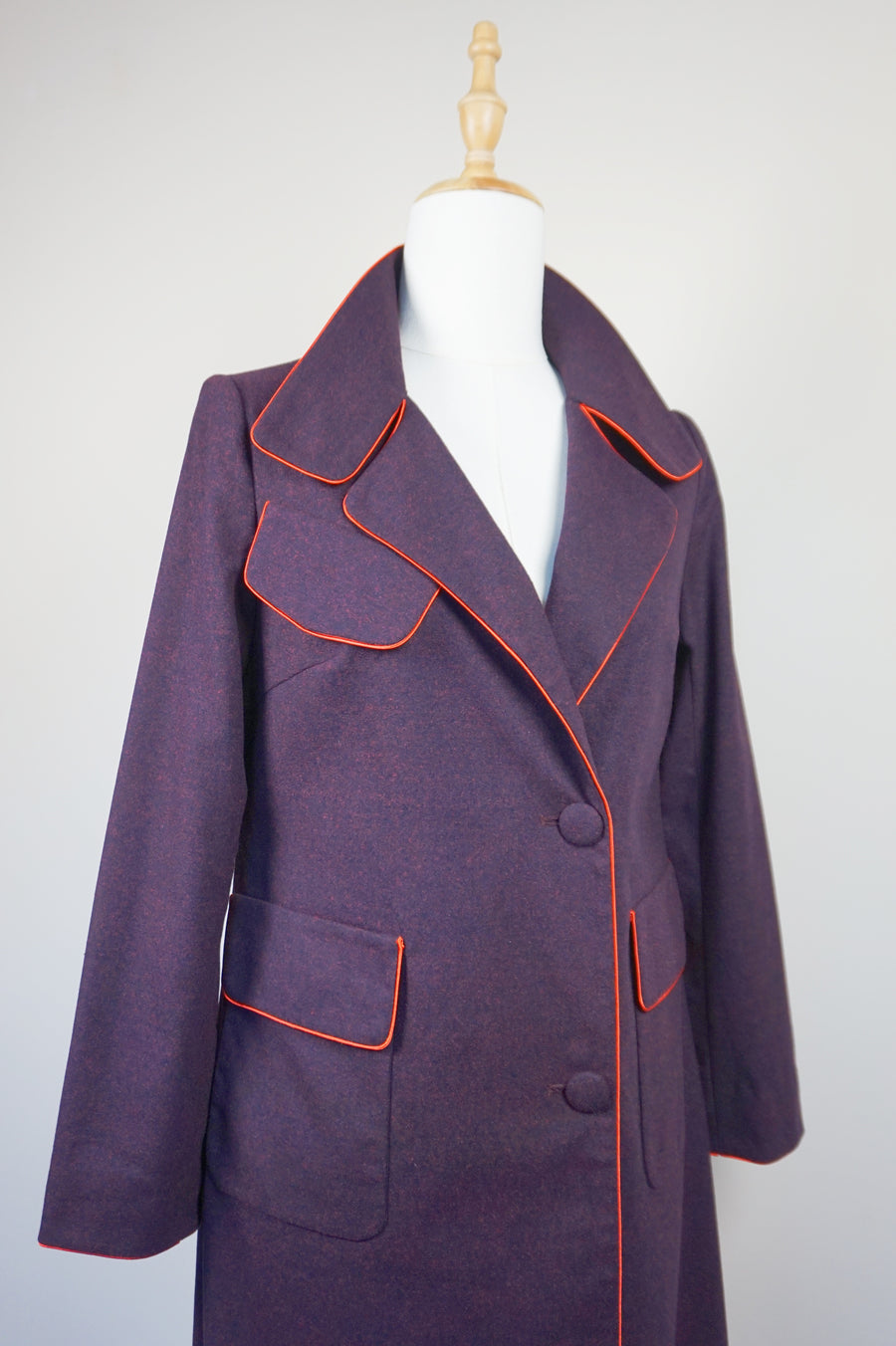WTC-2811 Wine Red Piping Long Trench Coat
