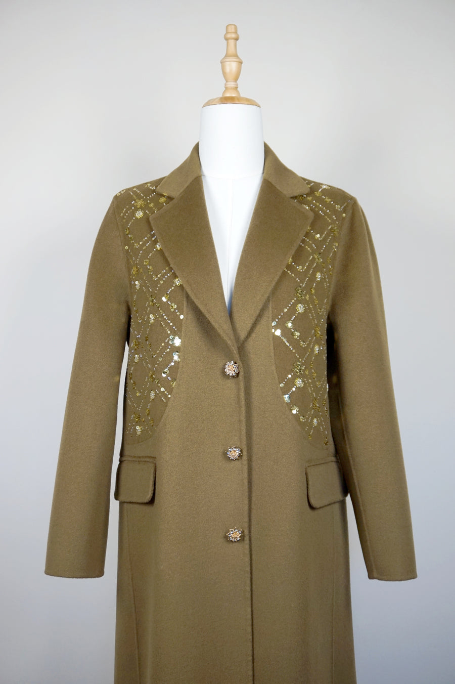 WWC-18168 Light Brown Luxury Style Embroidery Wool Coat