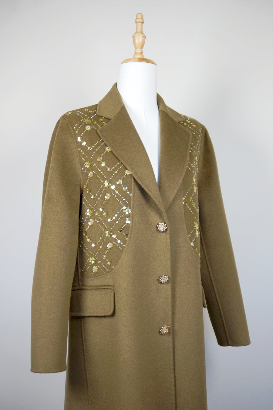 WWC-18168 Light Brown Luxury Style Embroidery Wool Coat