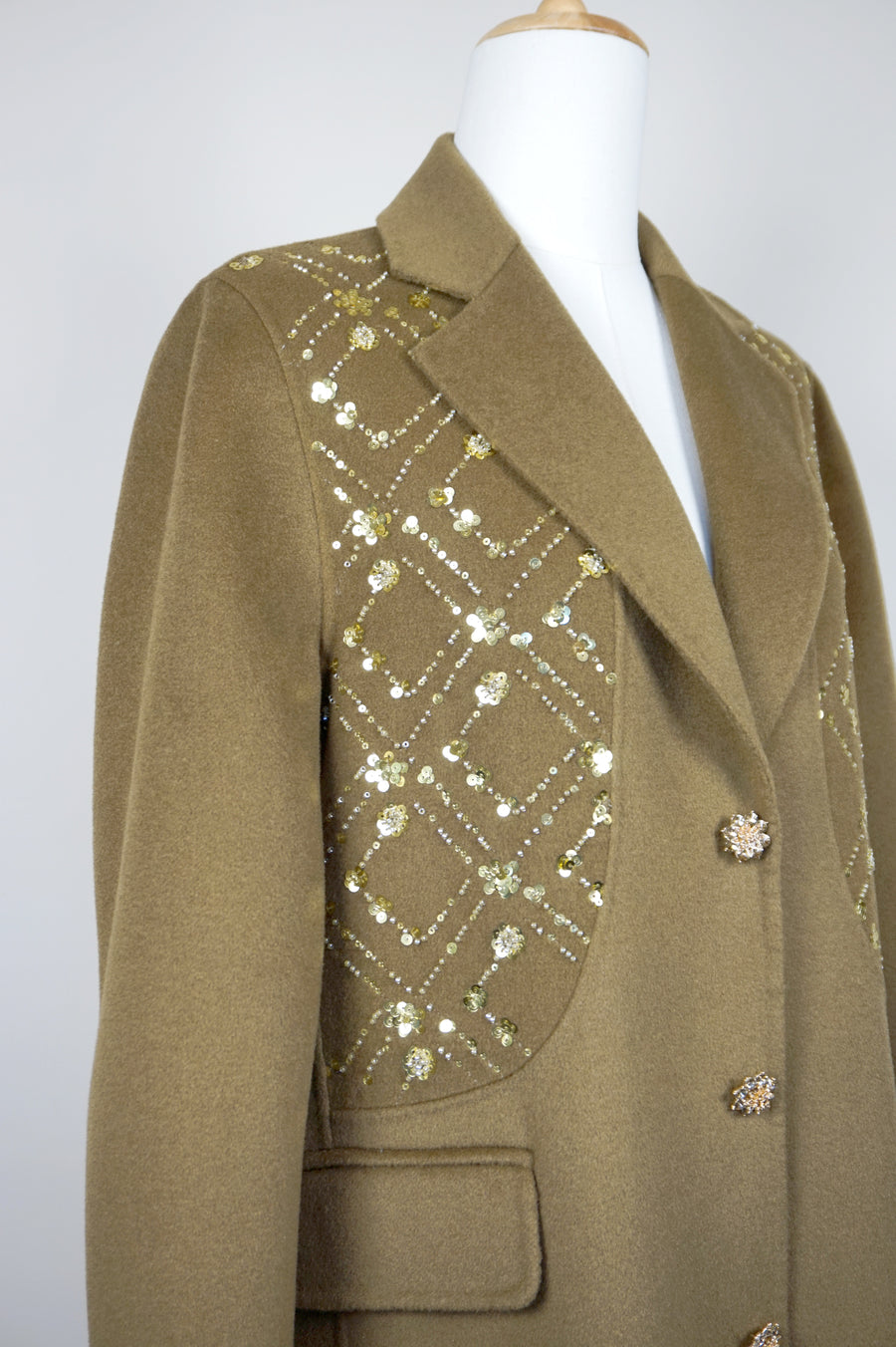 WWC-18168 Light Brown Luxury Style Embroidery Wool Coat