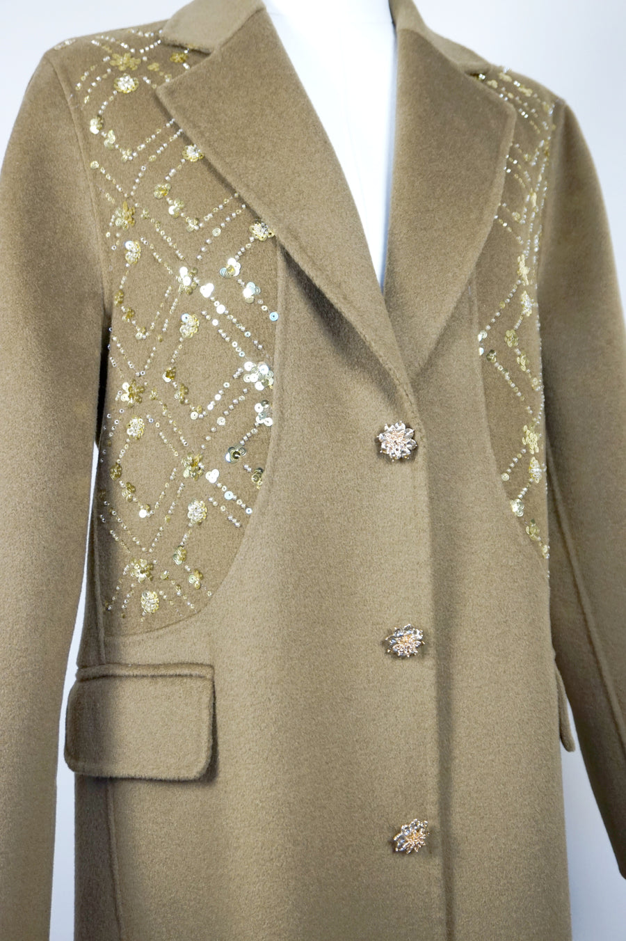 WWC-18168 Light Brown Luxury Style Embroidery Wool Coat